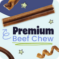 Premium beef chew product with star decorations on a light blue background
