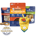 New Dog Starter Pack - Pawstruck dog food products including Powerfood Chicken Recipe, Bully Sticks, and Natural Dental Chews on a white background.