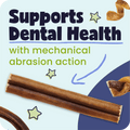 Dog chew treats with text highlighting dental health benefits on a blue and white background