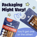 Two packages of Pawstruck Bully Sticks with text indicating packaging variation on a light blue background.