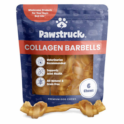 Blue bag of 6 Collagen Barbell Dog Chews