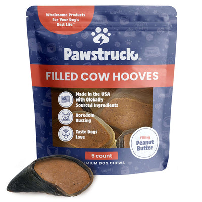 A package of Filled Peanut Butter Hooves for dogs.