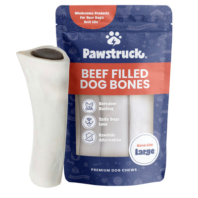Blue bag with Beef Filled Dog Bones and bone outside of package