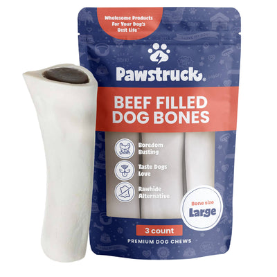 Blue bag with Beef Filled Dog Bones and bone outside of package 3 count