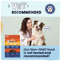 Woman in a white coat holding a dog next to a package of Powerfood dog food with 'Vet Recommended' text.