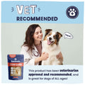 Woman holding a dog with a package of Pawstruck Cow Ears and that it is veterinarian approved and recommended