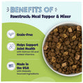 Advertisement with the benefits of using the Pawstruck meal topper and mixer