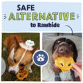 Advertisement with two dogs with pig snout treats and its a safe alternative to rawhide