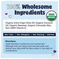 Product label with wholesome ingredients, USDA Organic certification, and usage directions on a light blue background.