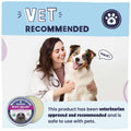Woman holding a dog with a 'Vet Recommended' label and a Ruff Releif balm on a light blue background.