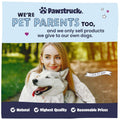 Woman holding a dog with text about Pawstruck products and values.