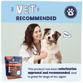 Vet-recommended Pawstruck beef jerky dog treats advertisement featuring smiling female veterinarian holding happy brown and white dog with "Woof!" speech bubble