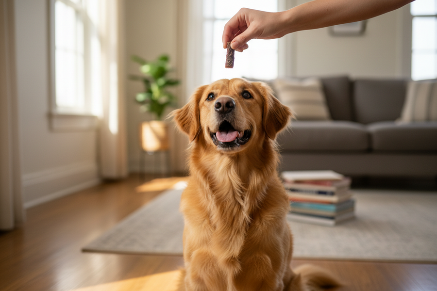 Dog inside a house waiting for a treat