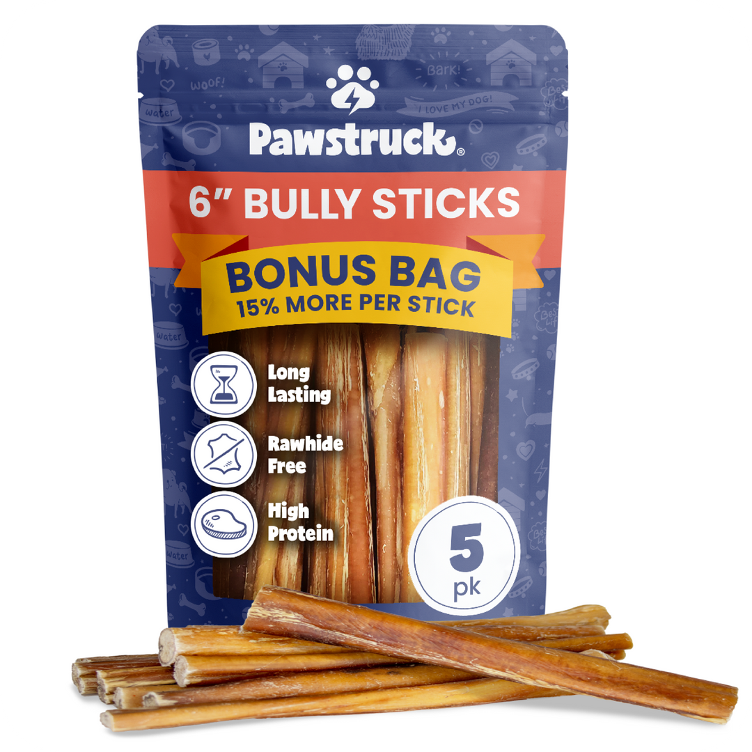 Cover Image of the 6" Bully Sticks with Bully Sticks in front of the pack on a white background. Beef pizzle. Best Bully Sticks for dogs