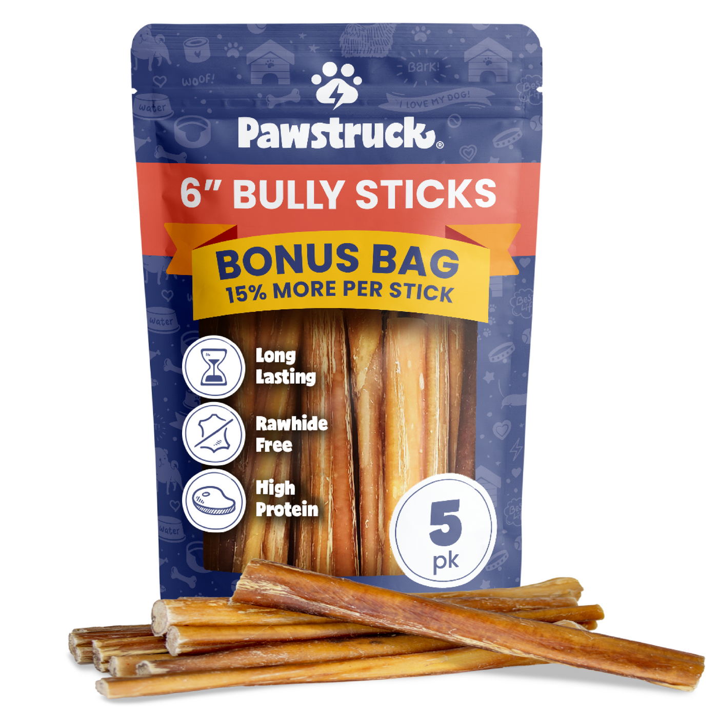 Cover Image of the 6" Bully Sticks with Bully Sticks in front of the pack on a white background