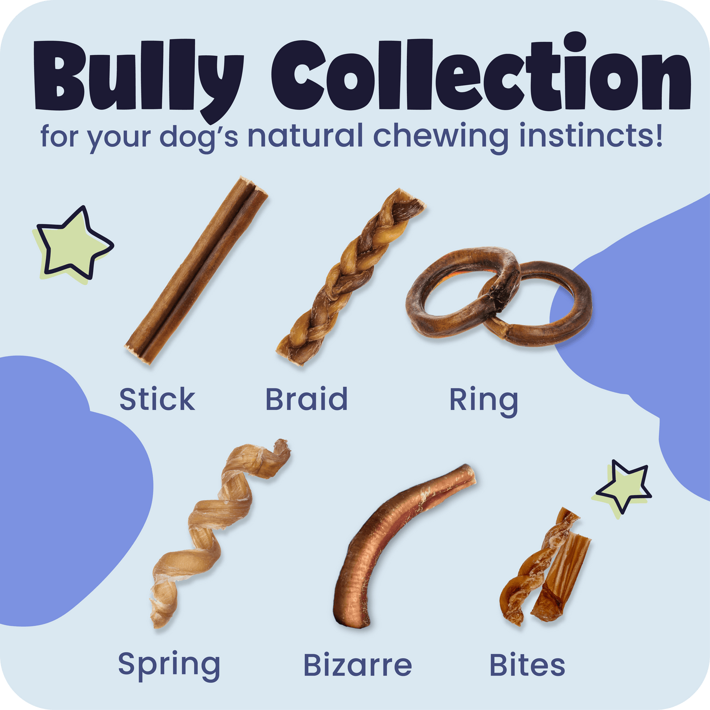 Pawstruck Different Bully Shapes with 'Bully Collection' text on a light blue background