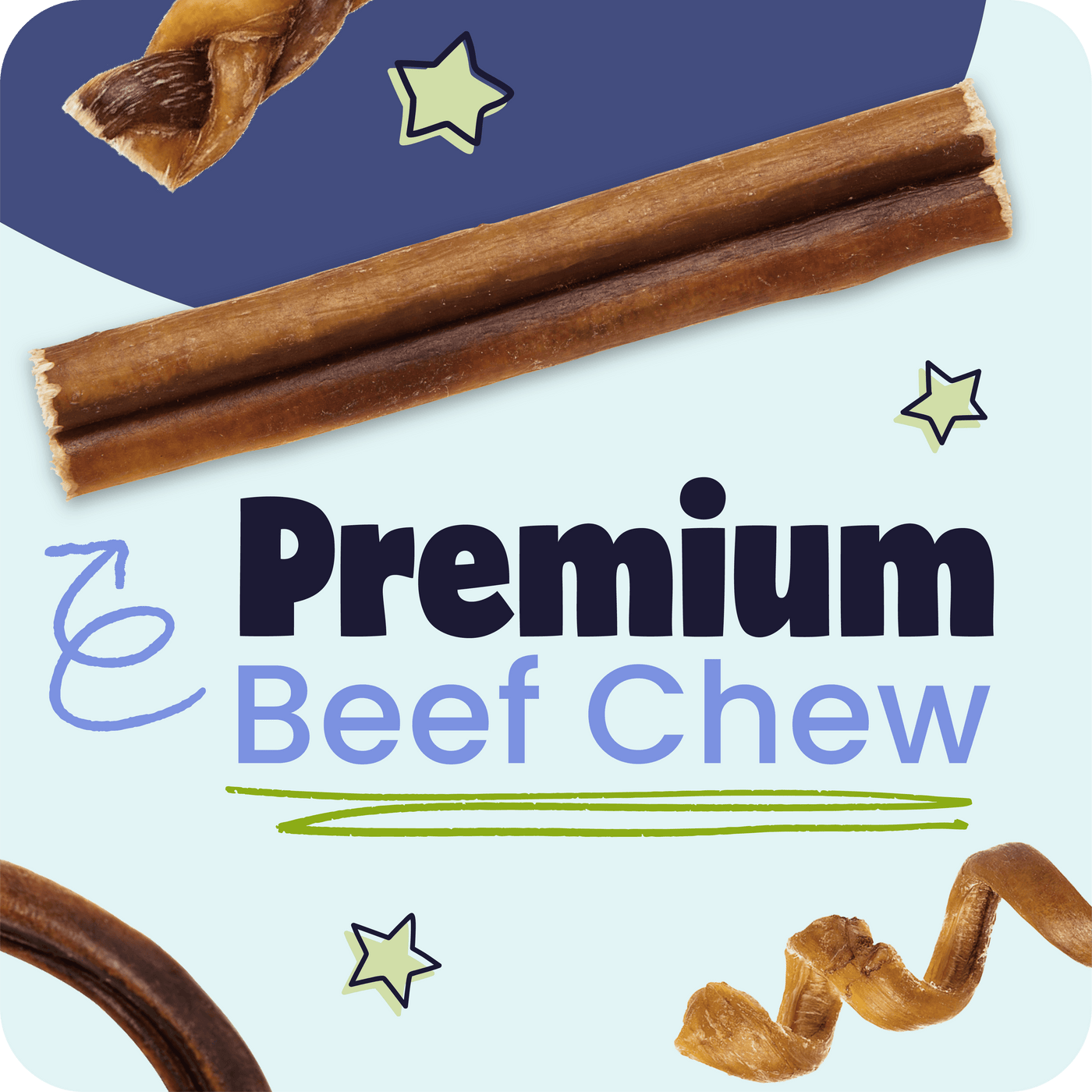 Premium beef chew product with star decorations on a light blue background