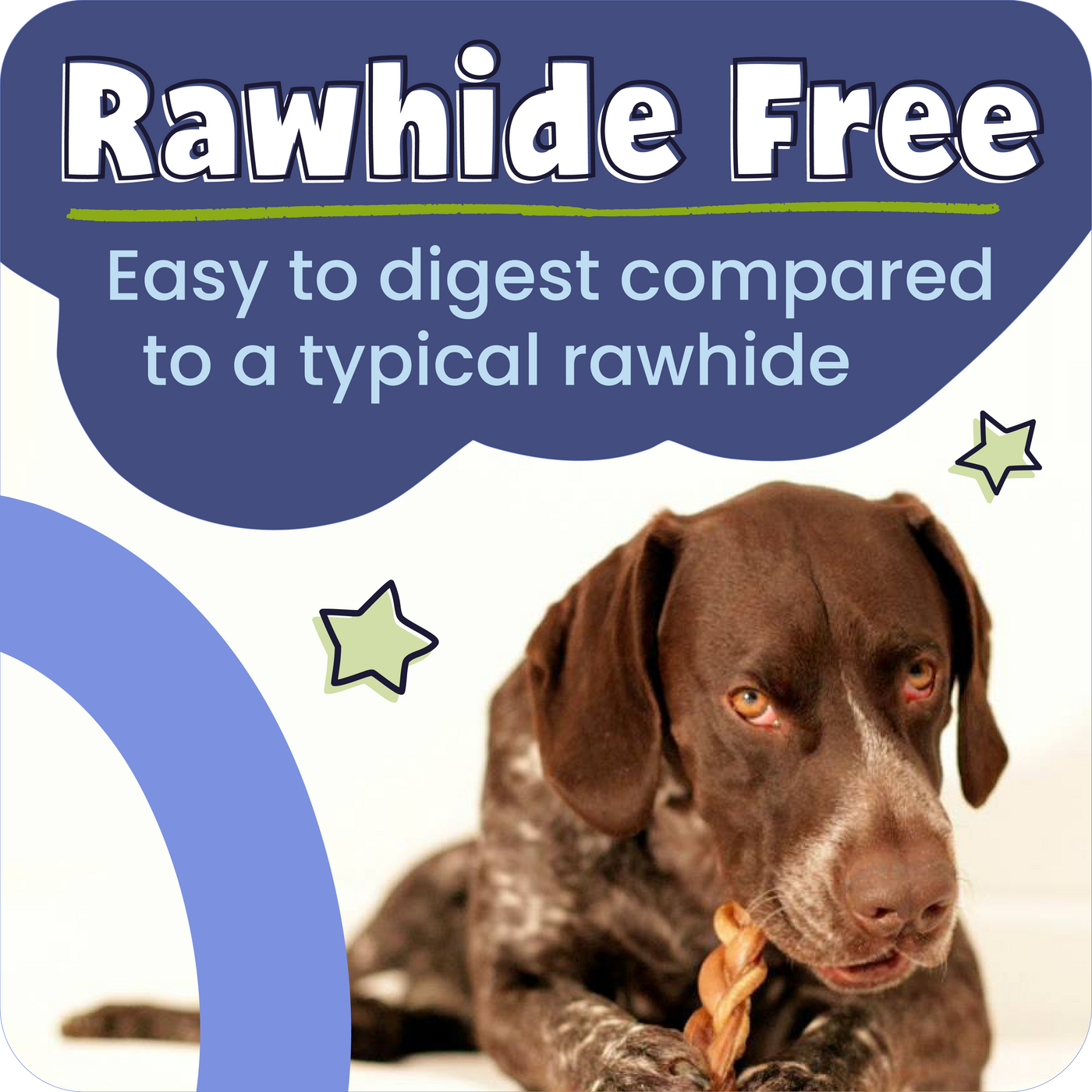 Dog chewing on a Pawstruck Braided Bully Stick with text 'Rawhide Free' and 'Easy to digest compared to a typical rawhide' on a blue background.
