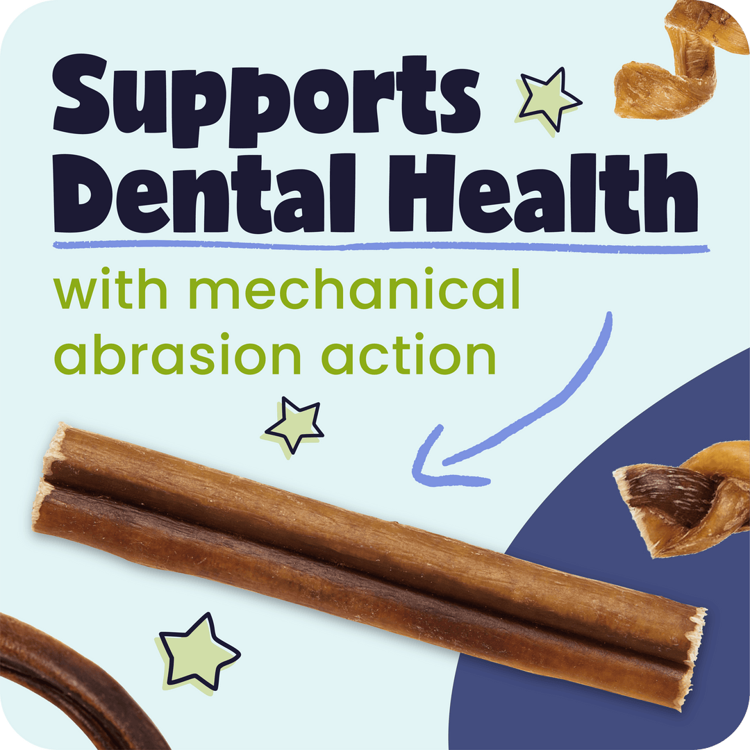 Different Pawstruck Bully Sticks Shapes with text highlighting dental health benefits on a blue and white background