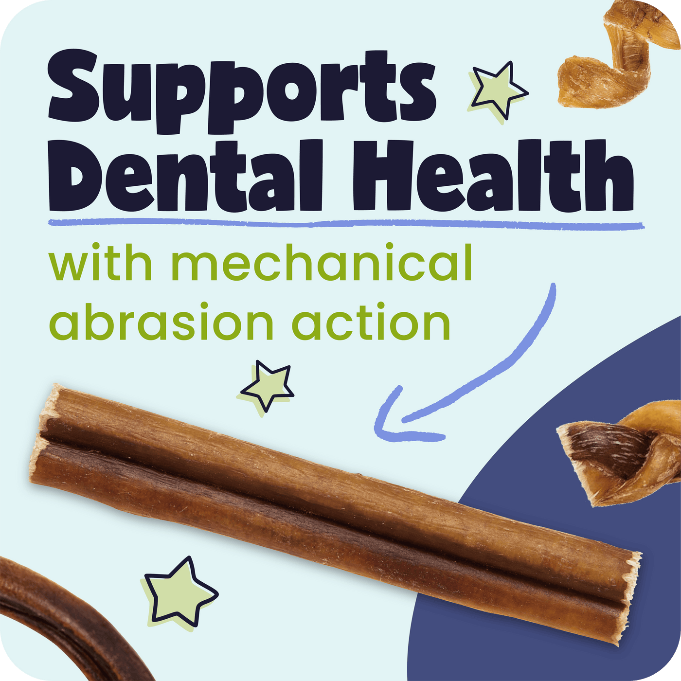 Different Pawstruck Bully Sticks Shapes with text highlighting dental health benefits on a blue and white background