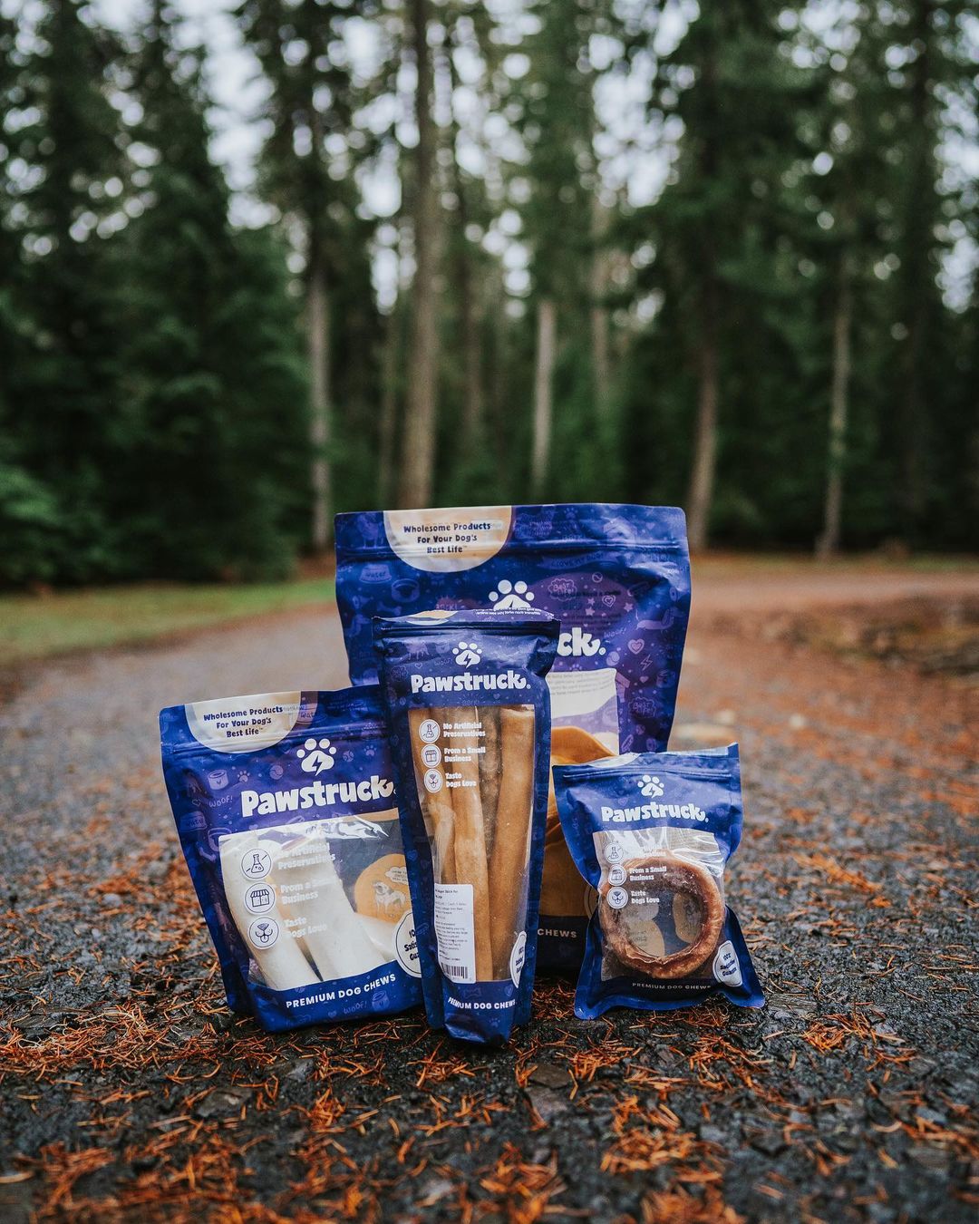 Blue Pawstruck dog treat packages arranged on forest path with trees and autumn leaves in background