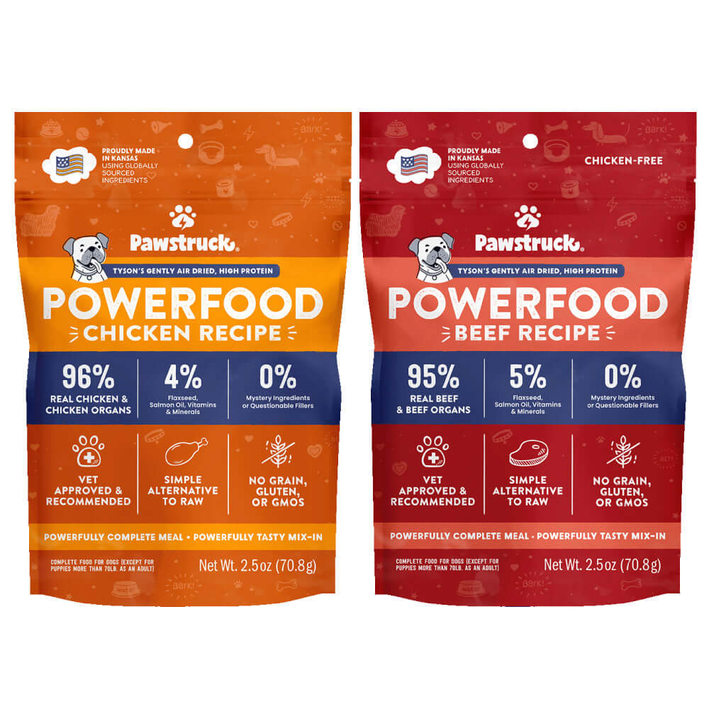 Air Dried Dog Food Trial Pack - Two packages of Pawstruck Powerfood, one chicken recipe and one beef recipe, on a white background.