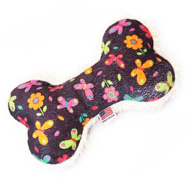 Pawstruck Butterflies Dog Toy. A colorful bone-shaped stuffed plush toy for dogs