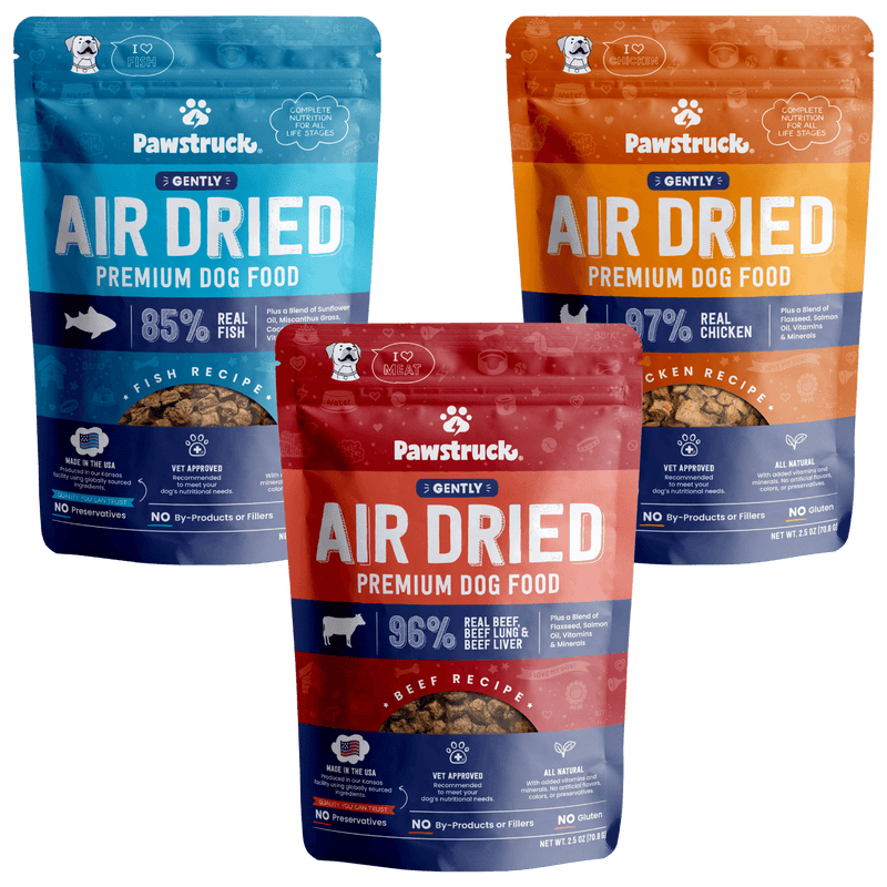 3 trial size bags of Air Dried Dog Food: Chicken, Beef and Fish flavore
