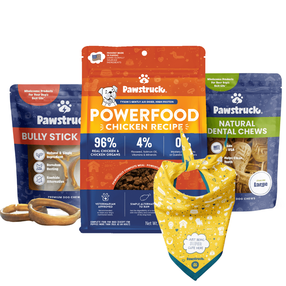 New Dog Starter Pack - Pawstruck dog food packages and treats on a white background