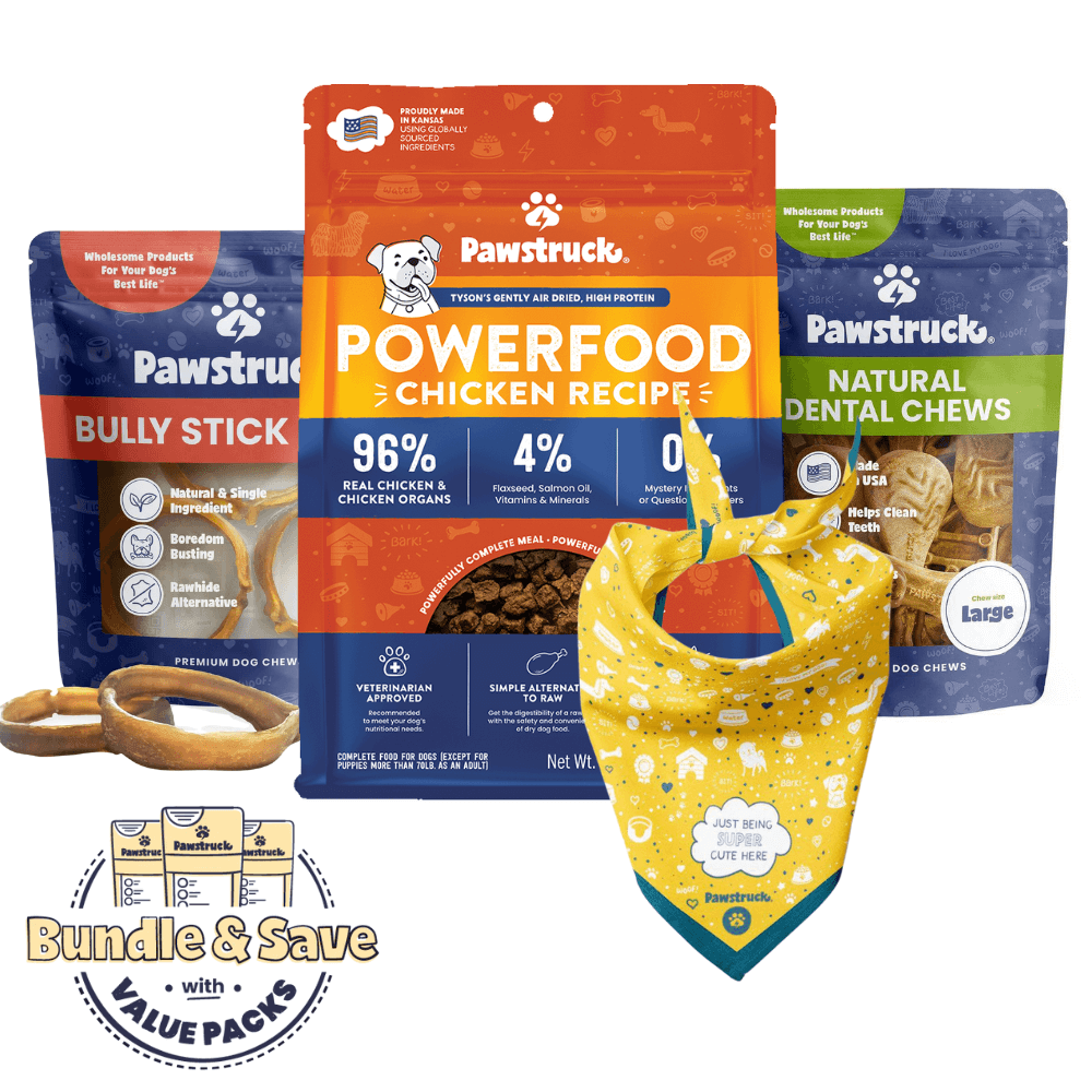 New Dog Starter Pack - Pawstruck dog food products including Powerfood Chicken Recipe, Bully Sticks, and Natural Dental Chews on a white background.