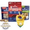 New Dog Starter Pack - Pawstruck dog food products including Powerfood Beef Recipe, Bully Stick, and Natural Dental Chews on a white background.