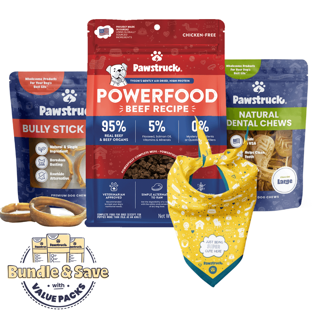 New Dog Starter Pack - Pawstruck dog food products including Powerfood Beef Recipe, Bully Stick, and Natural Dental Chews on a white background.