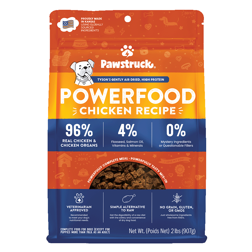 Packaging for Pawstruck Powerfood Chicken Recipe air dried dog food with highlights of 96% real chicken, 4% salmon oil, and 0% grain, soy, or gluten.