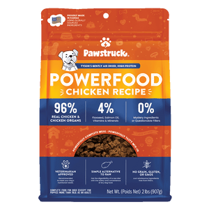 Packaging for Pawstruck Powerfood Chicken Recipe air dried dog food with highlights of 96% real chicken, 4% salmon oil, and 0% grain, soy, or gluten.