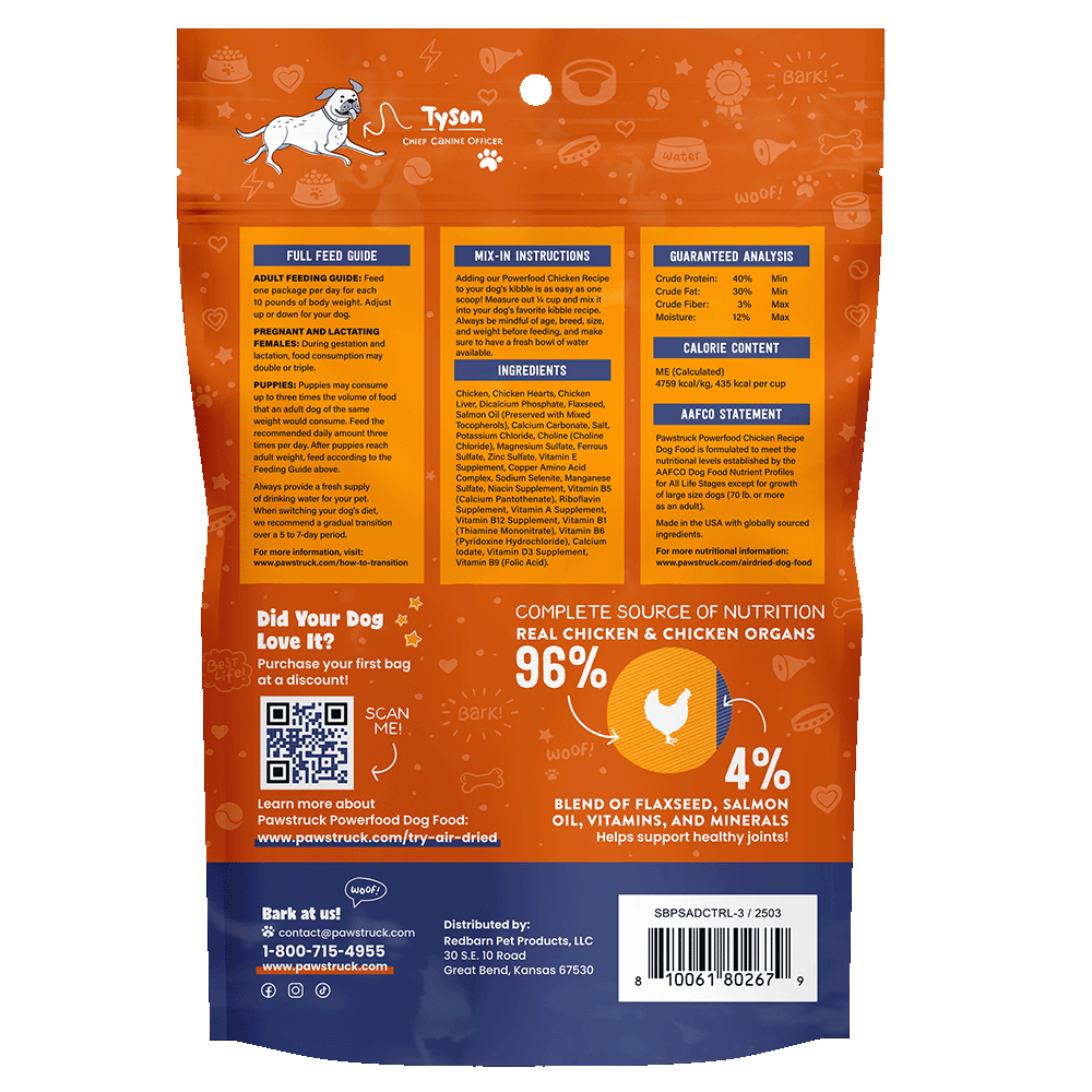 back of Air Dried Chicken dog food bag
