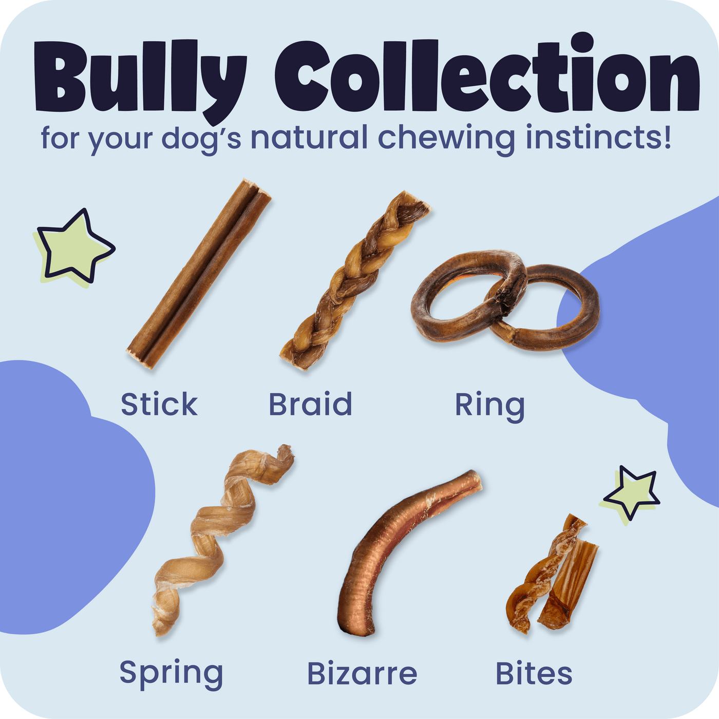 Dog chew toys labeled 'Stick', 'Braid', 'Ring', 'Spring', 'Bizarre', and 'Bites' with a 'Bully Collection' label.