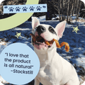 Dog holding a chew in a snowy outdoor setting with text and graphics overlay.