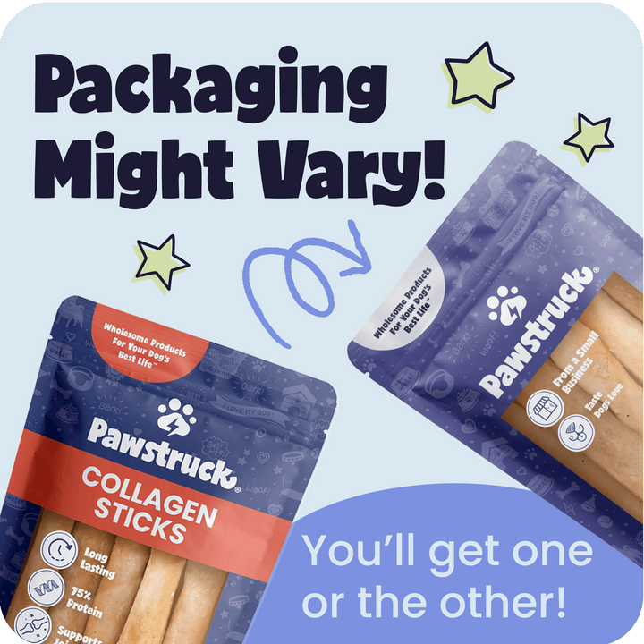 Pawstruck Collagen Sticks packaging with text indicating variation.