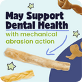 Dog chew product with text about dental health support on a blue background