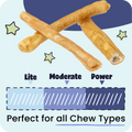 Dog chew sticks with 'Lite', 'Moderate', and 'Power' levels on a blue background