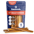 Pawstruck 12-inch bully sticks package in blue and orange, showing 5-pack of natural dog chews with product features listed