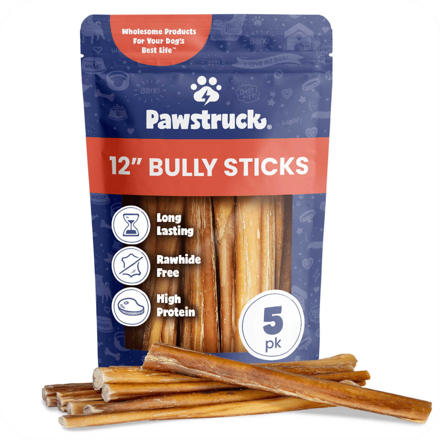 Pawstruck 12-inch bully sticks package in blue and orange, showing 5-pack of natural dog chews with product features listed