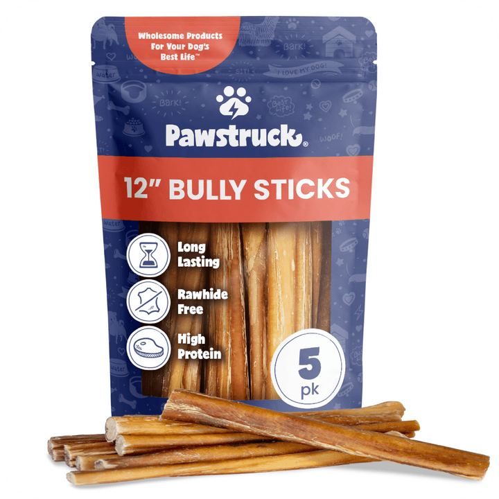 Pawstruck 12-inch bully sticks package in blue and orange, showing 5-pack of natural dog chews with product features listed