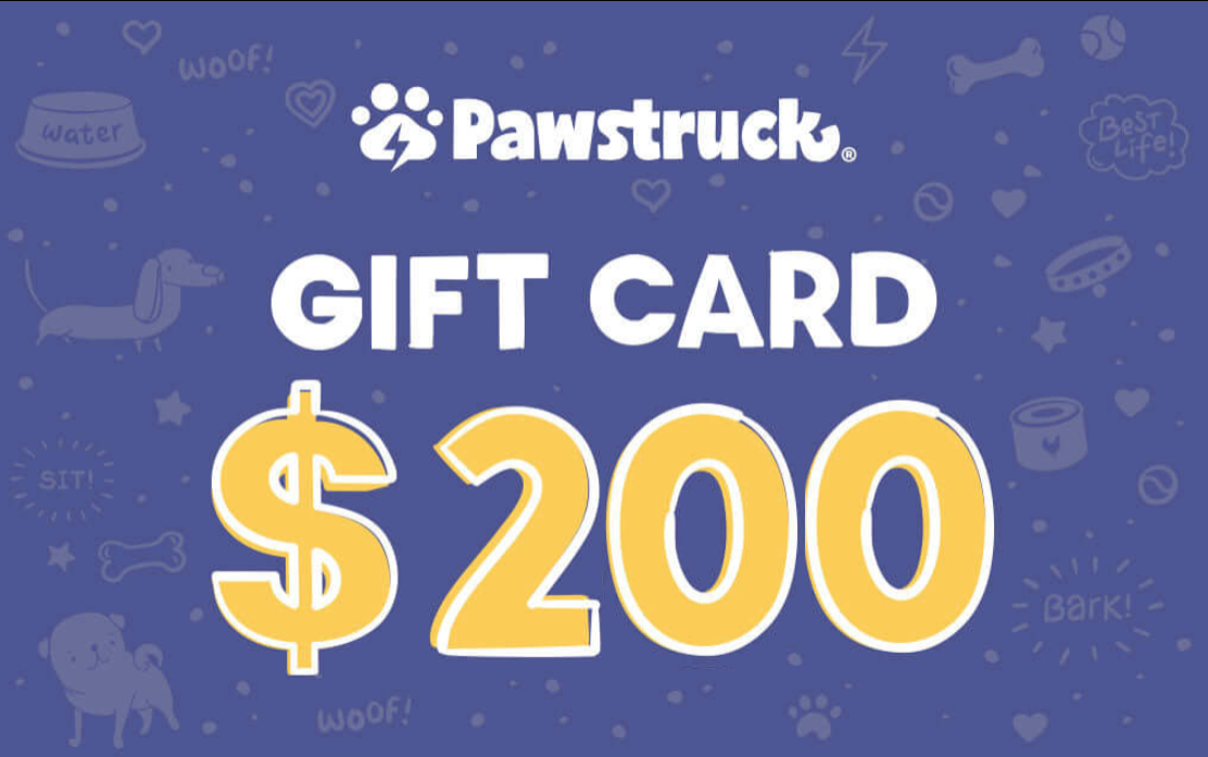 Pawstruck $200 giftcard image with a purple background with lots of cute dog related icons.