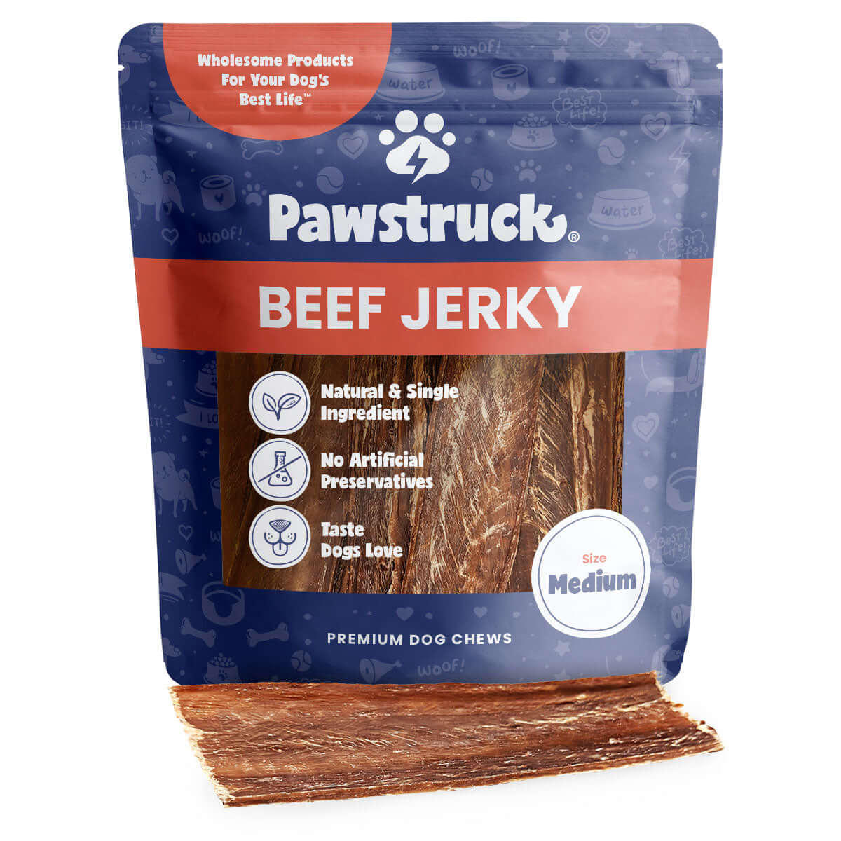 Blue bag of Beef Jerky Joint Health Treats for dogs with one piece of jerky outside.