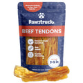 A package of Pawstruck Beef Tendons dog treats with visible beef tendons outside the package.