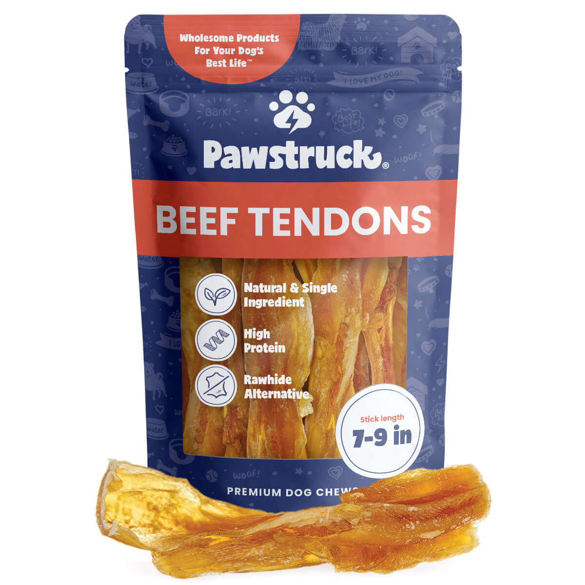 A package of Pawstruck Beef Tendons dog treats with visible beef tendons outside the package.