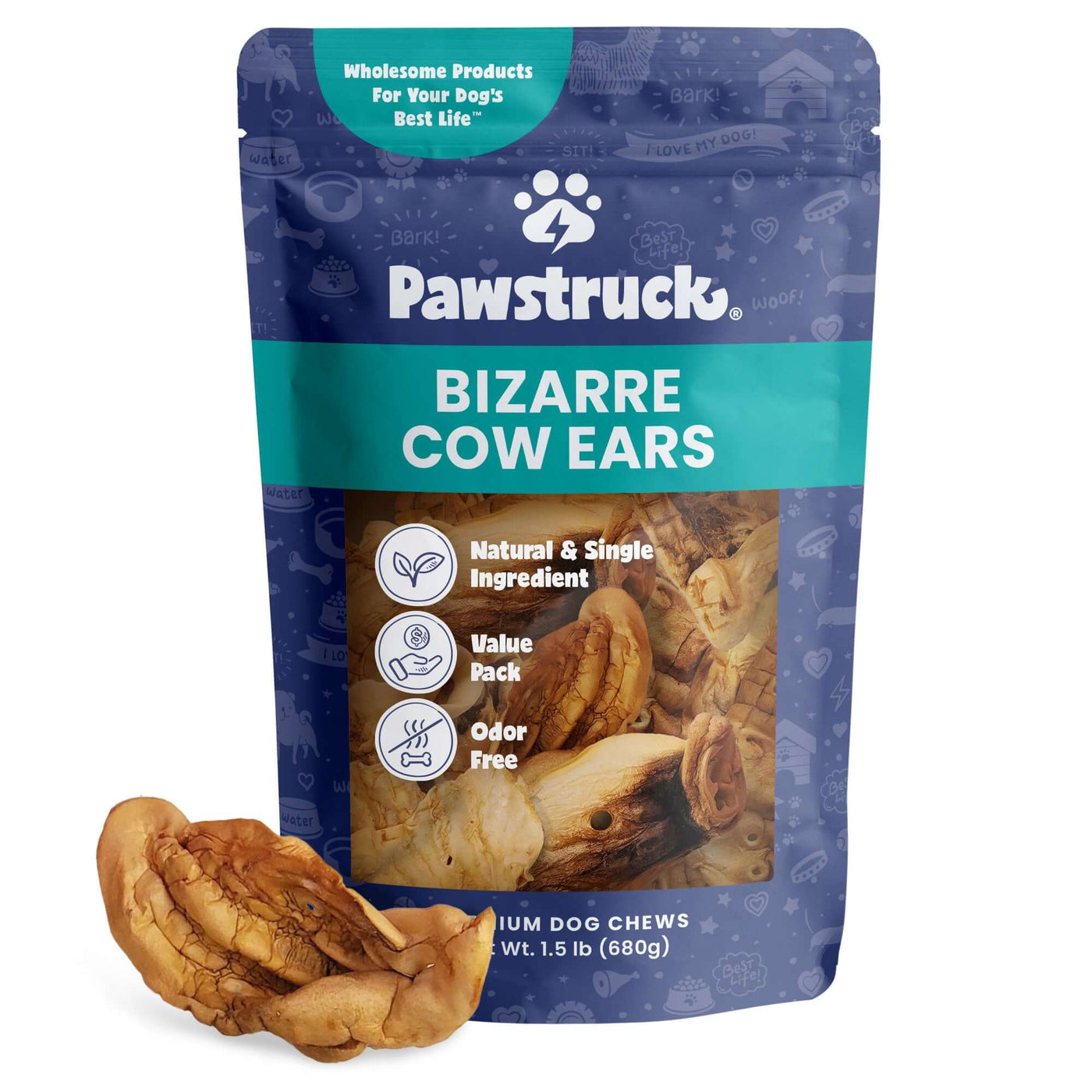 Pawstruck Bizarre Cow Ears dog chew packaging with a white background