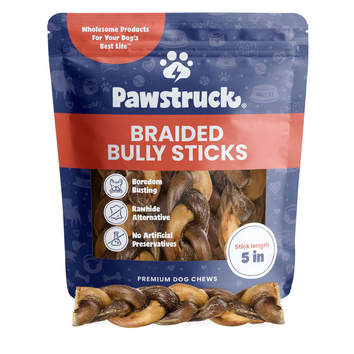 Product image of the Pawstruck 5" Braided Bully Sticks. Beef pizzle. Best Bully Sticks for dogs