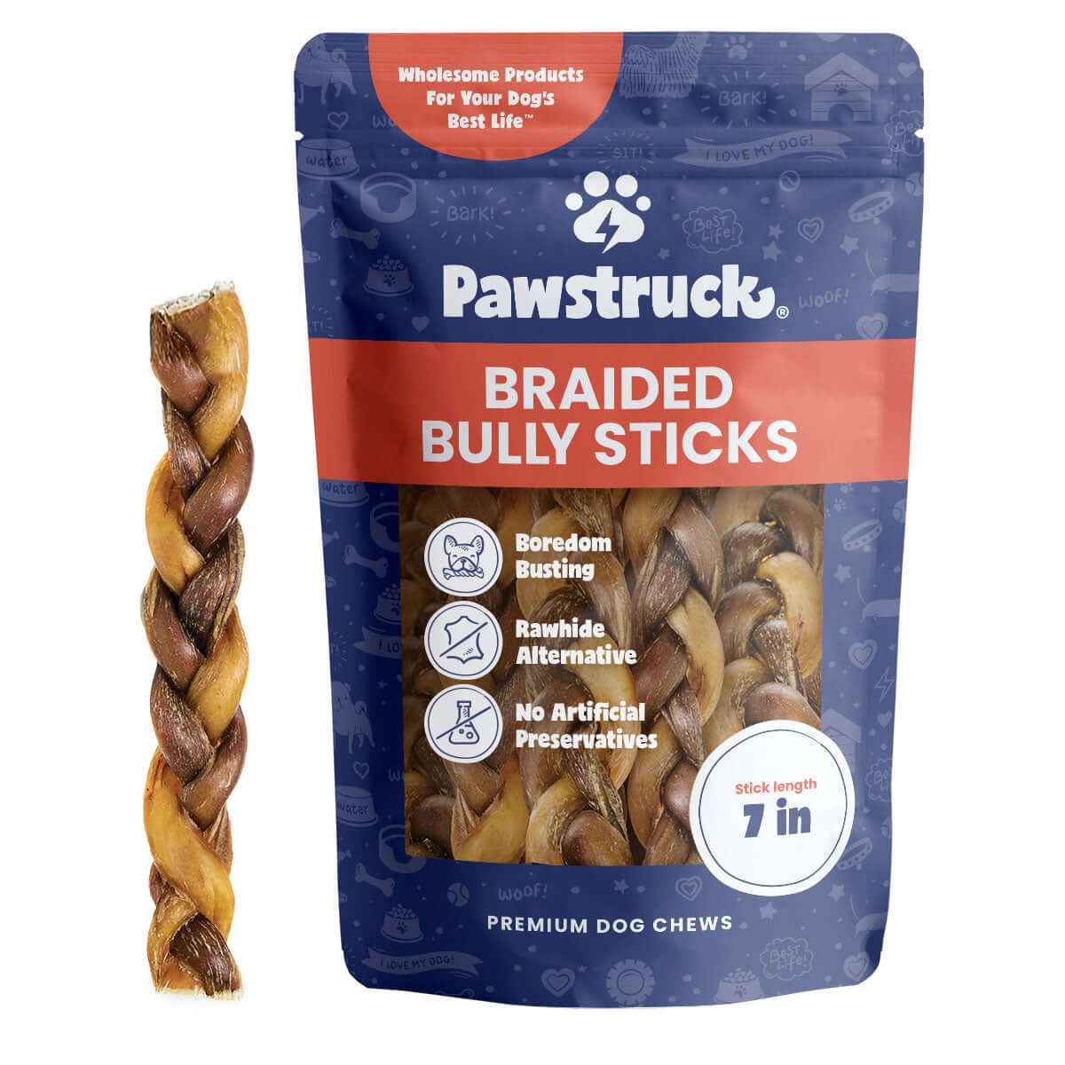 Product image of the Pawstruck 7" Braided Bully Sticks. Beef pizzle. Best Bully Sticks for dogs